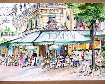 New  Print.  PARIS CAFE Art PRINT.  Les Deux Magots.   Paris Cafe Print. French Cafe Wall Decor. Paris Gift. Parisian Wall Art.