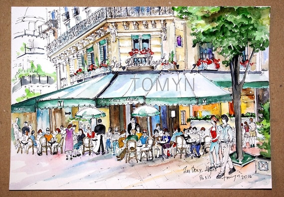 New  Print.  PARIS CAFE Art PRINT.  Les Deux Magots.   Paris Cafe Print. French Cafe Wall Decor. Paris Gift. Parisian Wall Art.