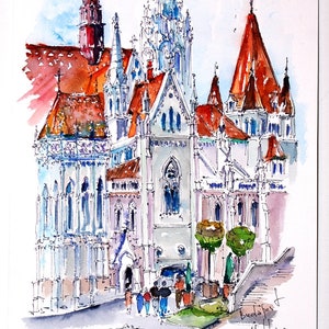 Novo!!! IGREJA DE MATIAS. BUDAPESTE. Impressão artística da Hungria. Arte da parede de Budapeste. Impressão lateral Buda. Esboços da Hungria. Arquitetura De Budapeste.