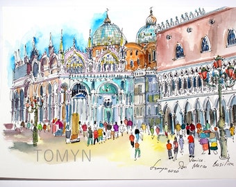 Puede incluir: Pintura acuarela de la Basílica de San Marcos en Venecia, Italia. La pintura muestra la fachada de la basílica, con sus intrincados detalles y cúpulas de colores. Hay gente caminando frente a la basílica, y la pintura está firmada "Tomyn" y fechada "enero de 2020".