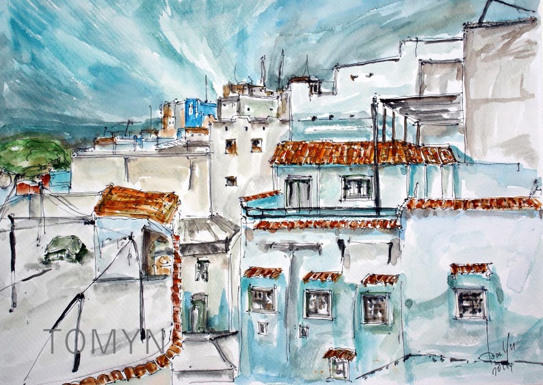 May include: Watercolor painting of a cityscape with blue and white buildings, brown rooftops, and a cloudy sky. The painting is signed "Tomyn" in the lower left corner and "Dan Vir" in the lower right corner.