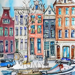 NUOVO! Stampa delle case di Amsterdam. Case sui canali di Amsterdam. Arte dell&#39;acquerello olandese. Stampa olandese. Case olandesi Arte. Arte da parete olandese