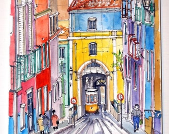 LISBON STREET. PORTUGAL Art Print. Yellow Tram Lisbon. Portugal Wall Art. Lisbon Poster.  Tramway in Lisbon. Lisbon Watercolor Print.