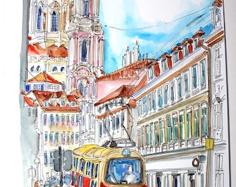Prague Original Art. St. Nicolas Church painting. Old Prague  Architecture Art. Red Tram Wall Art. Prague Watercolor Art.