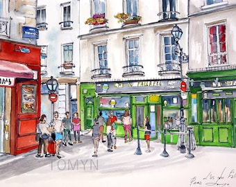 L'as du  FALLAFEL. PARIS Marais District. French Oldest Cafe. Parisian Wall Art. Paris Watercolor Print. Restaurant in Latin Quarter .