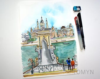 Budapest, Hungary. A view of the Danube River and the Széchenyi Chain Bridge (Széchenyi Lánchíd) from the Buda side of Budapest.