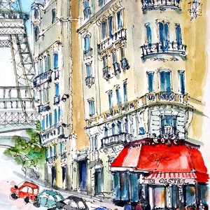 May include: A watercolor painting of a Parisian street scene with the Eiffel Tower in the background. The painting features a cafe with a red awning and the text "Le Castel" on the awning. There are people walking on the street and cars parked along the side of the road. The painting is signed "Tomyn 2013" in the lower right corner.