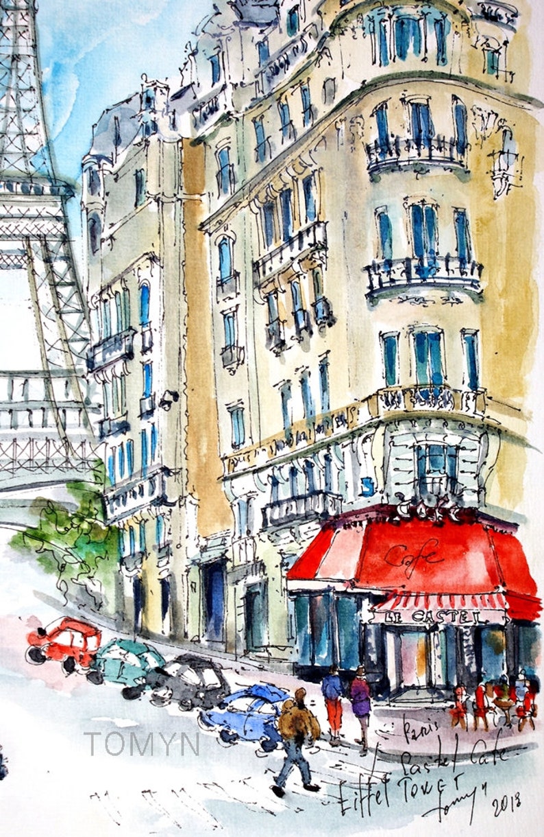 May include: A watercolor painting of a Parisian street scene with the Eiffel Tower in the background. The painting features a cafe with a red awning and the text "Le Castel" on the awning. There are people walking on the street and cars parked along the side of the road. The painting is signed "Tomyn 2013" in the lower right corner.