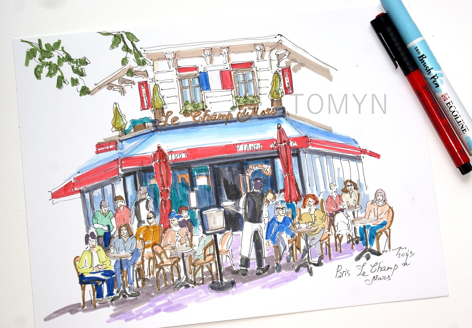 Paris Sketch. Original Sketch Art. Paris Architecture Sketch. Le Champ de Mars Paris Cafe. French Brasserie Art. Paris Art.