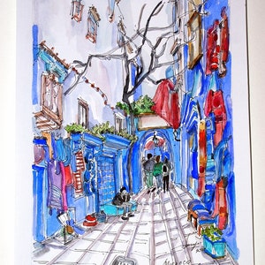 NEW! Chefchaouen Art. The Blue Town of Morocco. Original Watercolor Painting. Chefchaouen is a city in northwest Morocco. Morocco Art