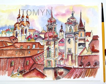 PRAGUE Original Painting. Terracotta Roofs of Prague Watercolor. Prague Architecture Wall Art. Prague Building Gift Art.