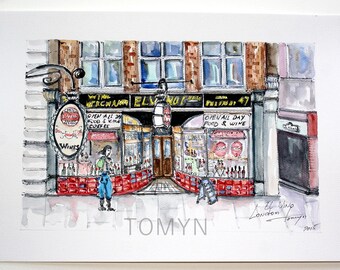 May include: Watercolor painting of a storefront with the words "Wine Merchant" and "El Vino" above the entrance. The storefront has a red awning and a sign that says "Open All Day Food & Wine".