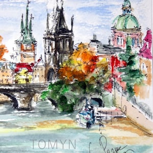 May include: Watercolor painting of a cityscape with a bridge, river, and buildings. The buildings have green and red roofs and are painted in a loose, impressionistic style. The painting is signed "Tomyn" in the lower right corner.