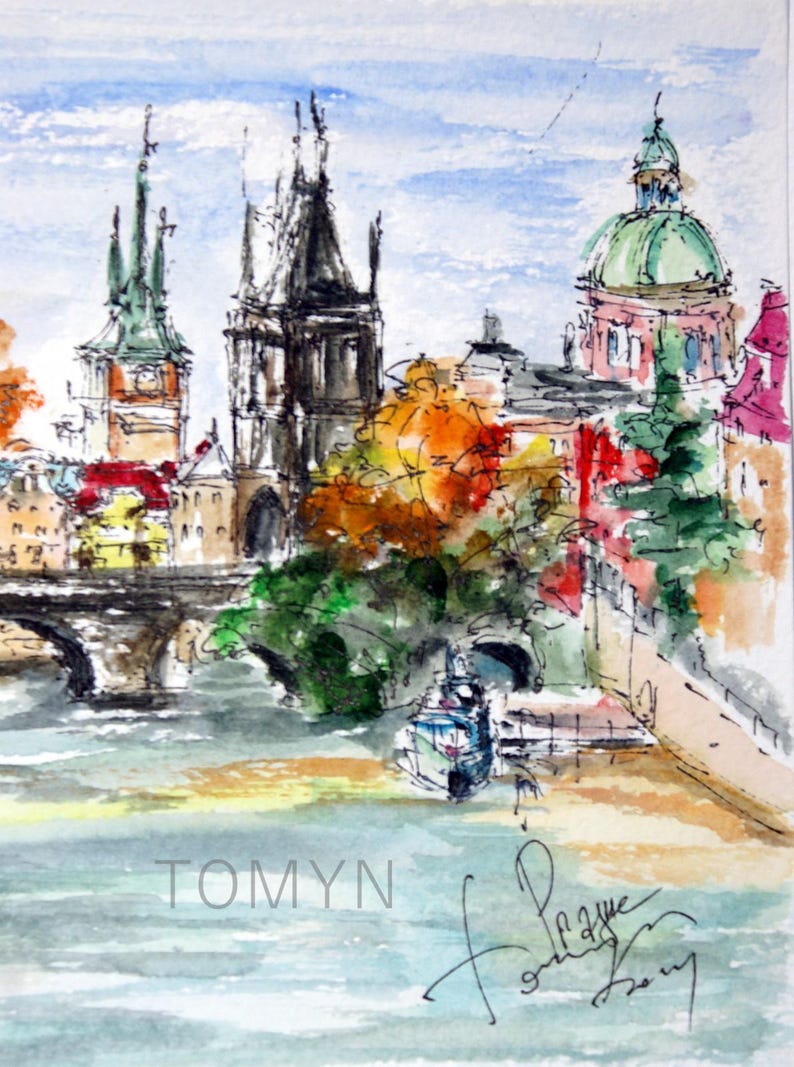 May include: Watercolor painting of a cityscape with a bridge, river, and buildings. The buildings have green and red roofs and are painted in a loose, impressionistic style. The painting is signed "Tomyn" in the lower right corner.