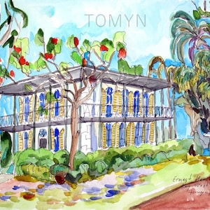 Key West. CASA DI ERNEST HEMINGWAY. Musei a Key West. Arte ad acquerello di Key West. Dipinti della Florida. Arte originale di Key West. Arte da regalo della Florida.