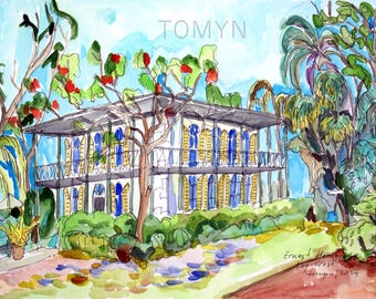 Key West. ERNEST  HEMINGWAY HOUSE. Museums in Key West. Key West Watercolor Art. Florida Painting. Key West Original Art. Florida Gift Art.