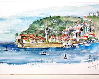 MONTENEGRO VIEWS. BUDVA. Old Town City Art. Budva watercolor Painting. Adriatic  Coast. Old Town Peninsula Art. Budva wall Art.