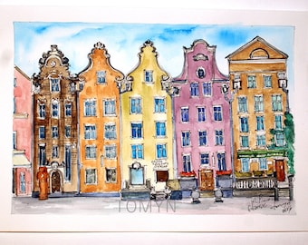 POLAND WALL ART. Gdansk Watercolor Painting. Original  City Art of Poland. Piwna Street in Gdańsk. Gdansk Architecture Wall Art. Gdansk Art.
