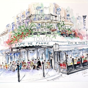 CAFE de FLORE Art Print. PARIJS.  Boulevard St Germain. Parijs Wall Art. Restaurant Parijs. Parijs Aquarel Print