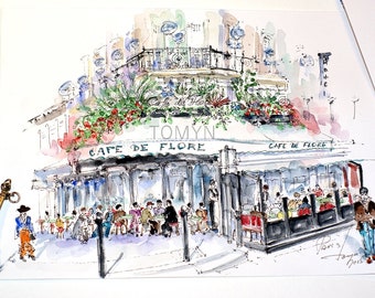 CAFE de FLORE Art Print. PARIS.  Boulevard St Germain. Paris Wall Art. Paris Restaurant. Paris Watercolor Print