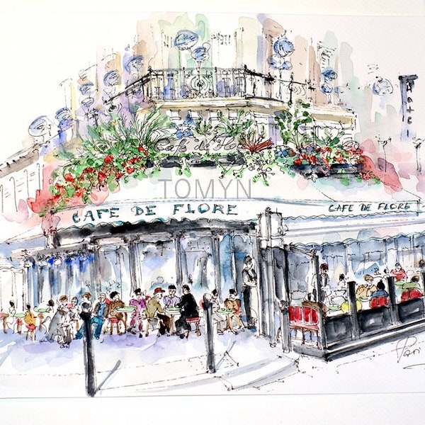 CAFE de FLORE Art Print. PARIS.  Boulevard St Germain. Paris Wall Art. Paris Restaurant. Paris Watercolor Print