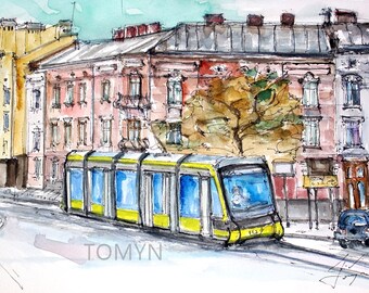 UKRAINE  WATERCOLOR ART.  Lviv  Original Painting. Tram 9A. Lviv Wall Art.