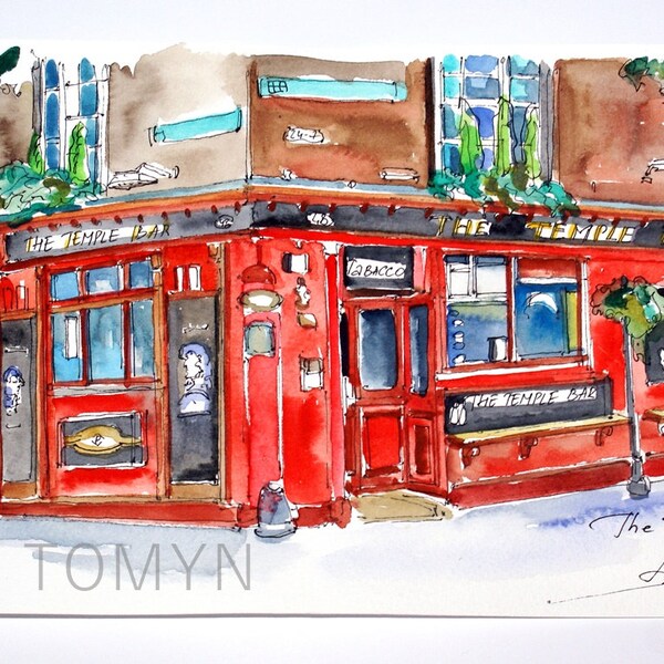 DUBLIN. IRELAND. The TEMPLE Bar  Est 1840. Original Watercolor Painting.  Irish Pub Wall Art. Irish Wall Decor. Dublin Street Art.