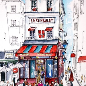 LE CONSULAT. PARÍS. Montmartre. Café Viejo. Restaurante Pris. Café de París. Vida parisina. Arte del muro de París. Pintura de acuarela de París.