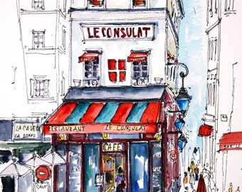 LE CONSULAT. PARIS. Montmartre. Old Cafe. Pris Restaurant. Paris Cafe. Parisian Life. Paris wall Art. Paris Watercolor Painting.