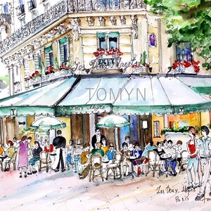 May include: A watercolor painting of a Parisian cafe with green awnings and people sitting at tables. The cafe is called "Les Deux Magots" and is located in Paris, France. The painting is signed "Tomyn 7/2016".