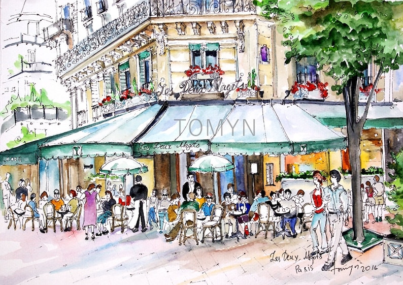May include: A watercolor painting of a Parisian cafe with green awnings and people sitting at tables. The cafe is called "Les Deux Magots" and is located in Paris, France. The painting is signed "Tomyn 7/2016".