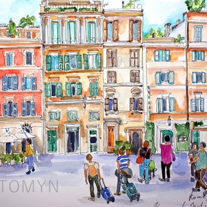 Rome, Piazza di Santa Maria. Squares of Rome. Italy Original Watercolor. Rome Wall Art. Rome Painting. Italy Wall Art. Rome Architecture Art