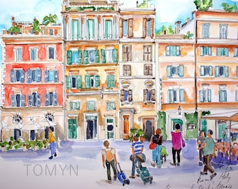 Rome, Piazza di Santa Maria. Squares of Rome. Italy Original Watercolor. Rome Wall Art. Rome Painting. Italy Wall Art. Rome Architecture Art