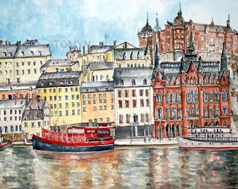 STOCKHOLM  Art Print. Stockholm  Wall Art. View Of The Old Town. Architecture in Sodermalm District of Stockholm.  Stockholm Gift.