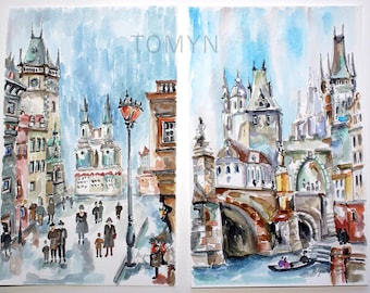 Two Watercolors Architecture of Prague. Czech Republic. Original Art Of Prague. Old Town Square, Astronomical Clock Painting.