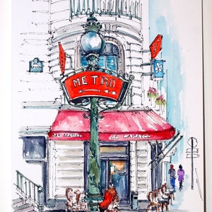 PARIS BAR, Le LAMARCK. Brasserie Paris. Métro Station Lamarck. Parisian Cafe. Paris Wall Art. Original Paris Watercolor.