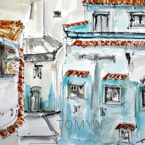 May include: Watercolor painting of a row of buildings with blue and white walls, red tile roofs, and windows. The painting is signed "TOMYIN".