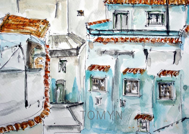 May include: Watercolor painting of a row of buildings with blue and white walls, red tile roofs, and windows. The painting is signed "TOMYIN".