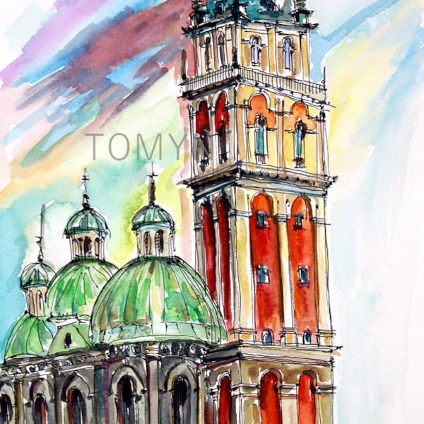 UKRAINE WALL ART. Lviv City. Lviv Fine Art.  Original watercolor painting. Assumption Church, Tower Kornyakta.