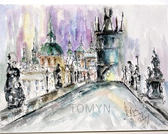 CHARLES BRIDGE PRINT. Prague Watercolor Art Print. Czech Wall Art. Print of Prague. Prague Briges. Prague Gift Art.