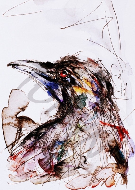 BIRD WATERCOLOR PRINT. Bird Wall Art. Black Raven  Print.  Animal Art Decor. Bird Fine  Art.