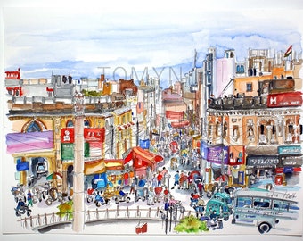 DELHI. CHAOTIK STREET. India Original Watercolor. India Painting. Streets of Old Delhi in India. India Market Art. India Wall Art. Asia  Art
