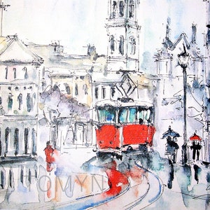 New! UKRAINIAN WATERCOLOR PAINTING. Rainy Lviv Art. Lviv Market Square. Red Tram Print. Ukraine Art Print. Ukraine Fine Art.
