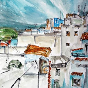 May include: A watercolor painting of a cityscape with buildings in various shades of blue, brown, and white. The buildings have tiled roofs and are connected by power lines. The sky is a light blue with white clouds.