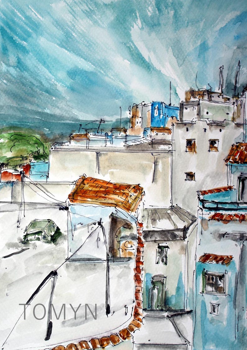 May include: A watercolor painting of a cityscape with buildings in various shades of blue, brown, and white. The buildings have tiled roofs and are connected by power lines. The sky is a light blue with white clouds.