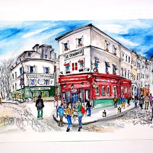 PARIS  Wall Art. Paris RESTAURANT Le  CONSULAT. Montmartre Old  Cafe. Original Watercolor.