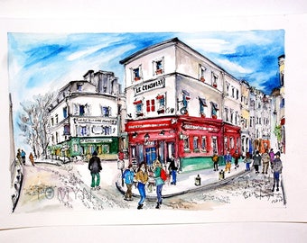 PARIS  Wall Art. Paris RESTAURANT Le  CONSULAT. Montmartre Old  Cafe. Original Watercolor.