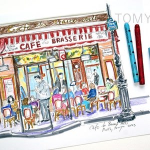 Cafe De Beaux Arts. Paris Original Sketch. Paris Cafe. Paris Brasserie Wall Art. French Original Art. Parisian Architecture.