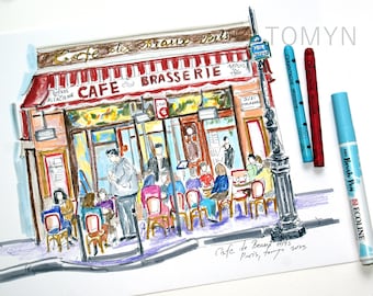 Cafe De Beaux Arts. Paris Original Sketch. Paris Cafe. Paris Brasserie Wall Art. French Original Art. Parisian Architecture.