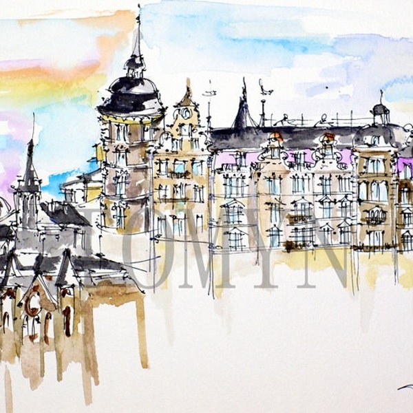 STOCKHOLM ORIGINAL WATERCOLOR. Sweden Architecture Art. Old Town Views. Wall Art Stockholm.